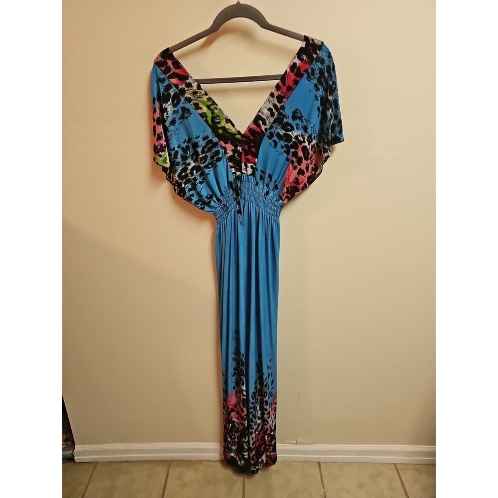 Julia Turquoise Maxi Deep V Neck Silk Blend Dress With Animal Print Size L - Picture 3 of 5